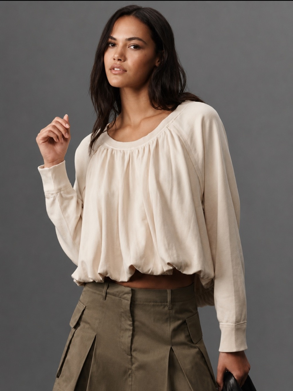Pilcro Anthropologie Long Sleeve Bubble Hem Short in Cream